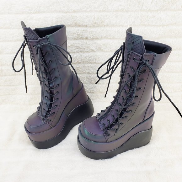 Void Purple Green Reflective Platform Wedge Mid Calf Goth Festival Boots NEW - Picture 16 of 17